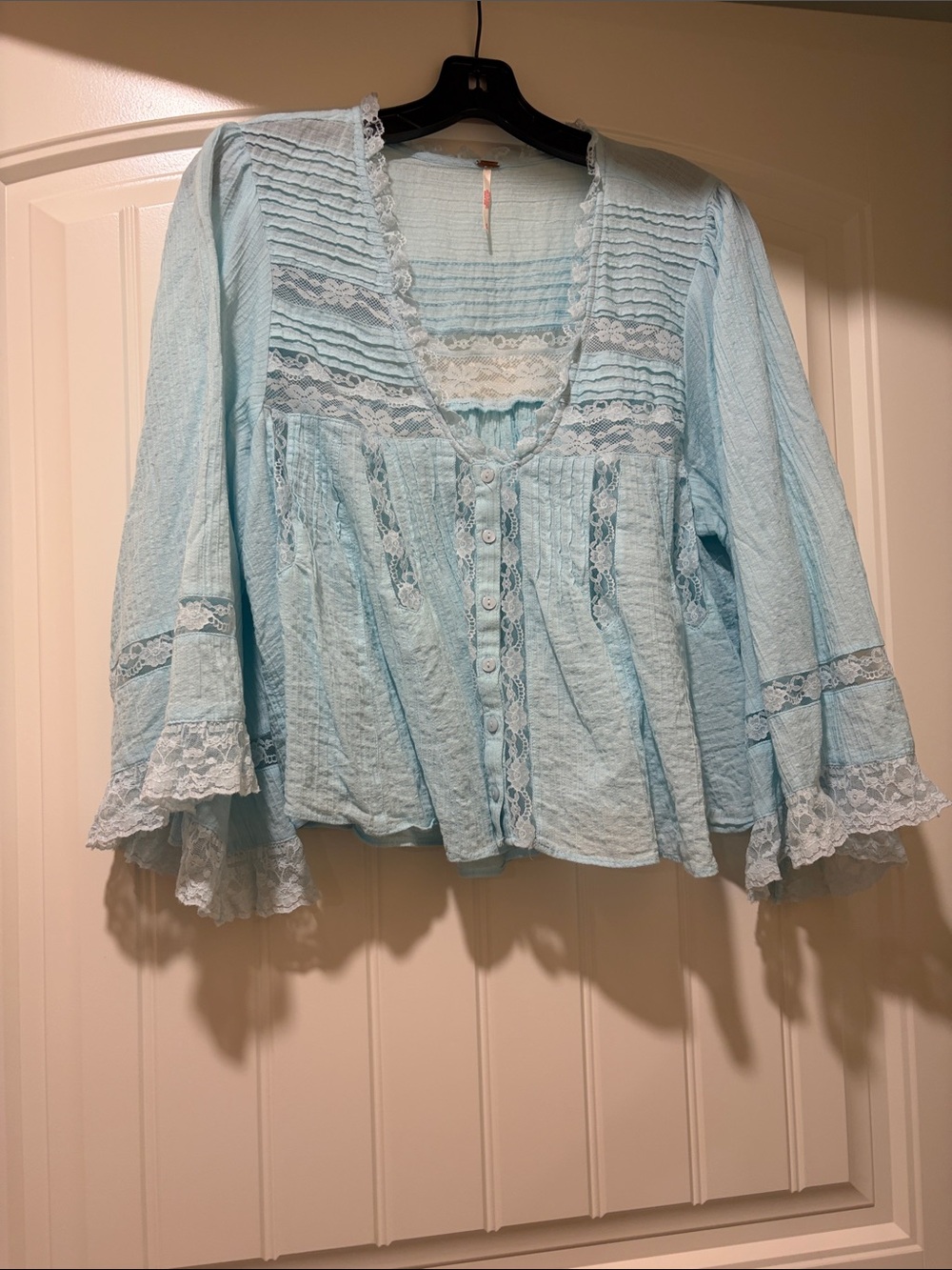 Free People Light Blue Lace-Trim Peasant Blouse